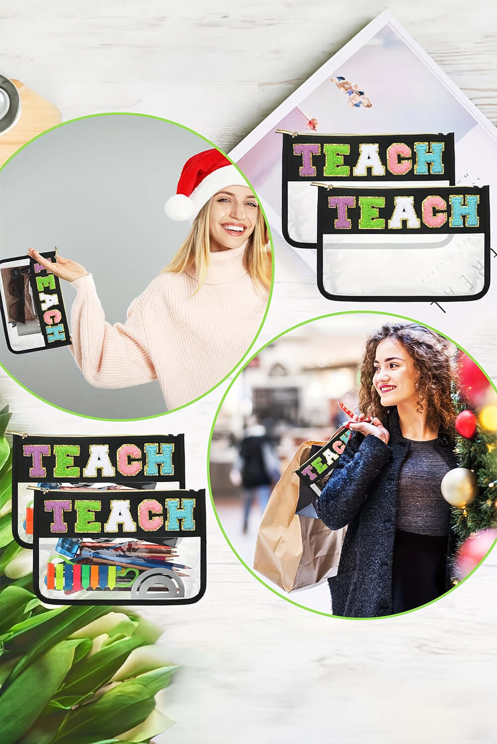 Clear zipper pouch featuring colorful TEACH embroidery, showcased by women in festive and casual settings.