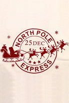 North Pole Express Christmas design featuring Santa in a sleigh with reindeer, dated December 25. Festive holiday theme.