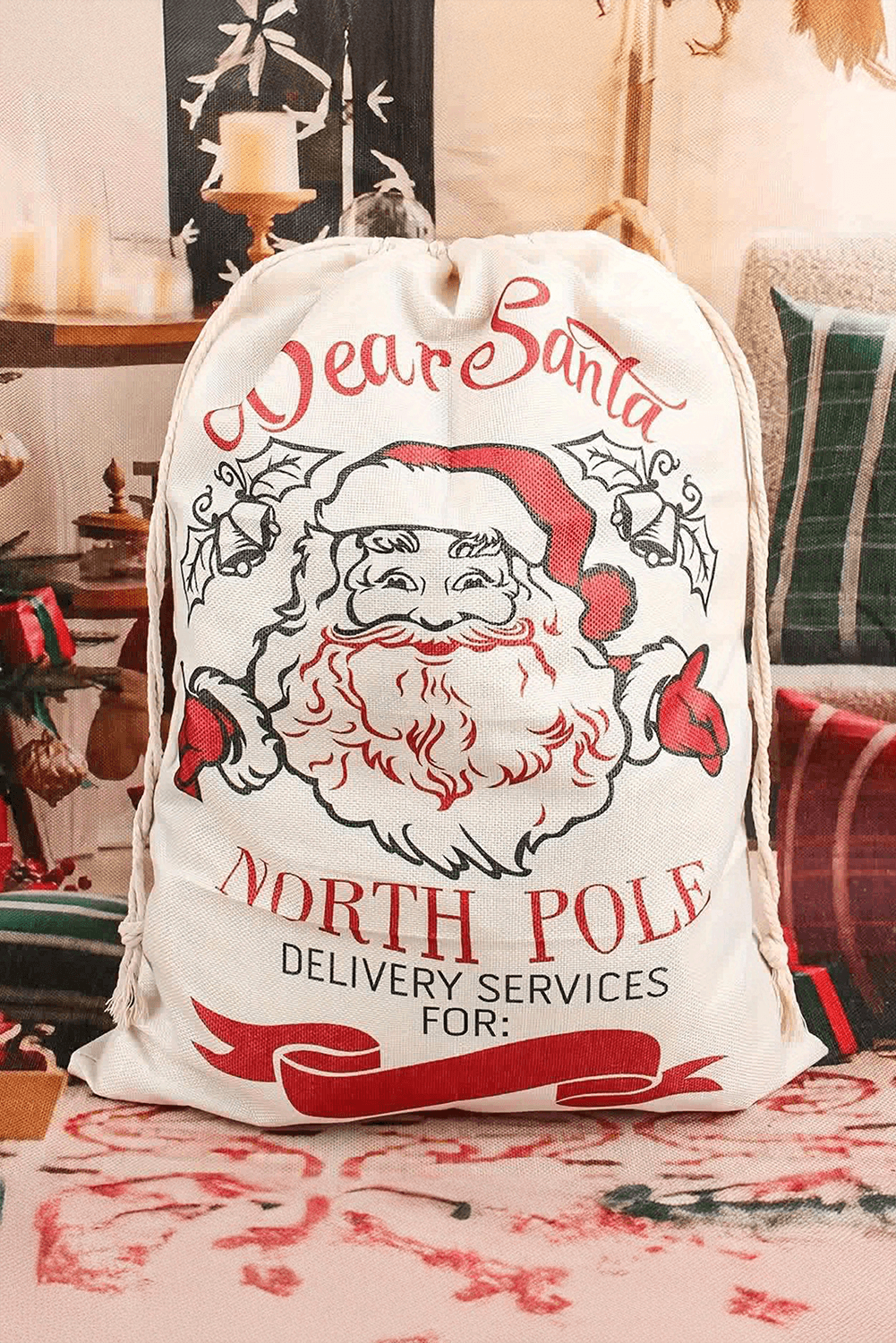 Jumbo Santa bag featuring "Dear Santa" design, perfect for holding large gifts, with convenient drawstring closure.