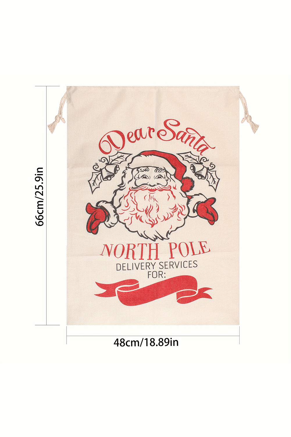 Jumbo Santa bag featuring festive design with Santa, holiday-themed drawstring closure, measuring 19.5" x 26.5".