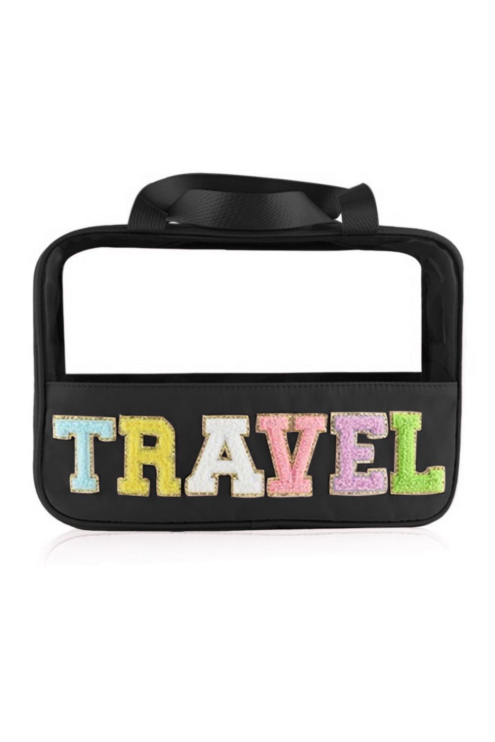 TRAVEL Bag-Black by Teal Tiger Boutique $16.00 Introducing the TRAVEL Bag, a stylish and practical accessory for all your travel needs. This super cute bag is trimmed in black and features a "Travel" on a Chennille patch, making it the perfect companion f