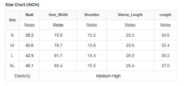 Size chart in inches for chestnut cheer dress with bust, hem width, shoulder, sleeve length, length, and elasticity details.