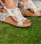 Corkys Carley Floral platform cork wedges featuring floral design and cork sole, perfect for summer outings.