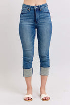 Judy Blue Charli Capris, high waist medium wash jeans with cuffed hem and tummy control, perfect for a stylish casual look.