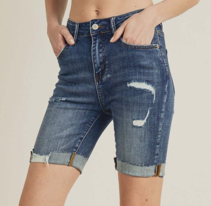 Risen Shayleigh Bermuda Shorts in distressed denim with cuffed hem for a trendy, comfortable fit.