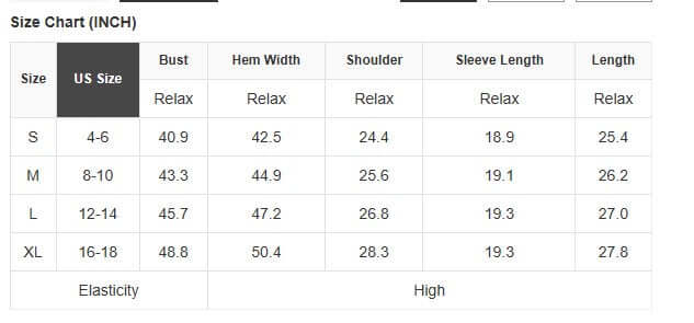 Size chart for women's clothing, including bust, hem width, shoulder, sleeve length, and overall length measurements.