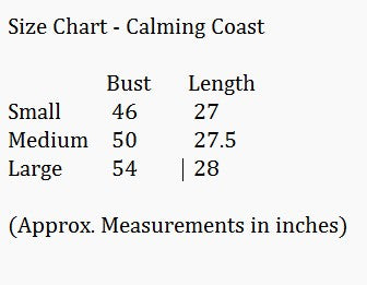 Size chart for CALMING COAST TOP - Umgee showing bust and length measurements for small, medium, and large sizes.