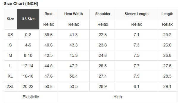 Size chart for CAREFREE MODE TOP in inches, detailing US sizes XS to 2XL with bust, hem width, shoulder, sleeve length, and length dimensions.