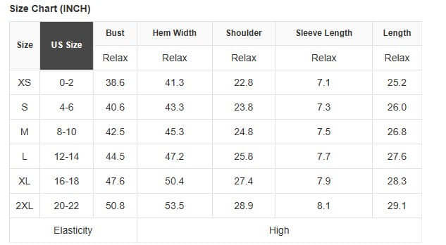 Size chart for Carefree Mode Top in inches, showing bust, hem width, shoulder, sleeve length, and length for different sizes.