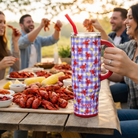 LET THE GOOD TIMES BOIL - 40 OZ TRAVEL MUG - Swig with crawfish print at a festive gathering.