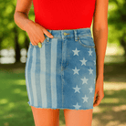 Judy Blue American Dream Mini Skirt features a stars and stripes design, perfect for festivals and stylish outings.