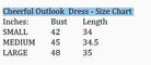 CHEERFUL OUTLOOK DRESS - Gigio size chart showing bust and length measurements for small, medium, and large.