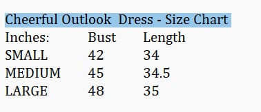 CHEERFUL OUTLOOK DRESS - Gigio size chart showing bust and length measurements for small, medium, and large.