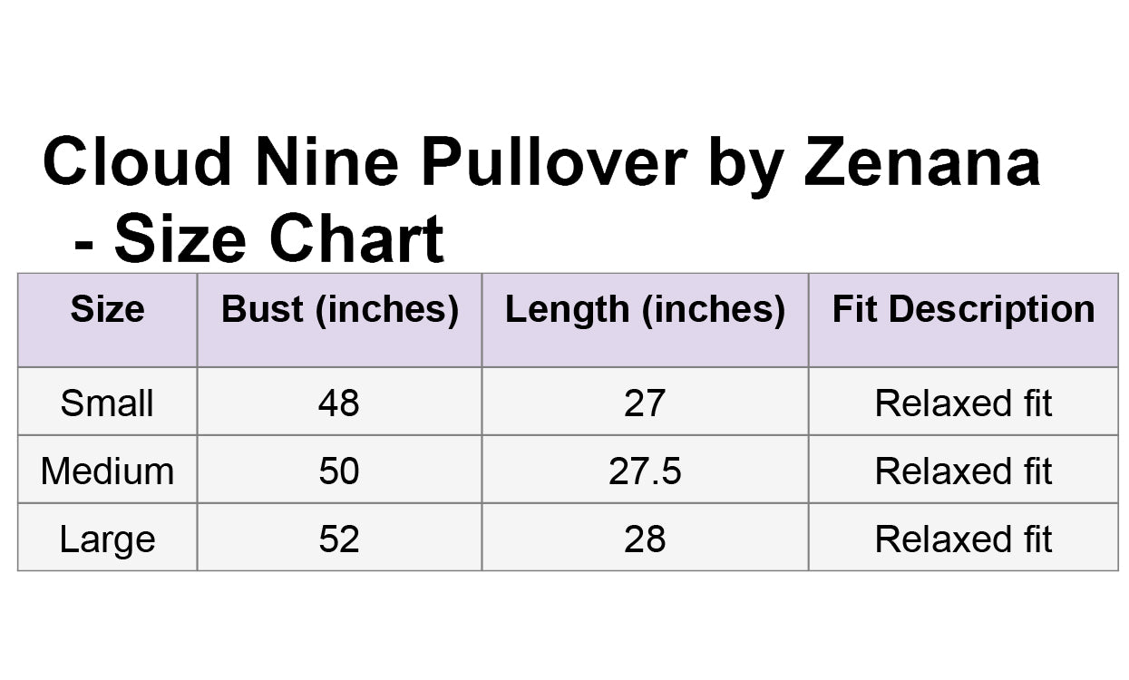 Cloud Nine Crew size chart by Zenana displaying bust, length, and fit descriptions for Small, Medium, and Large.