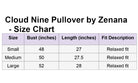 Cloud Nine Crew size chart by Zenana displaying bust, length, and fit descriptions for Small, Medium, and Large.