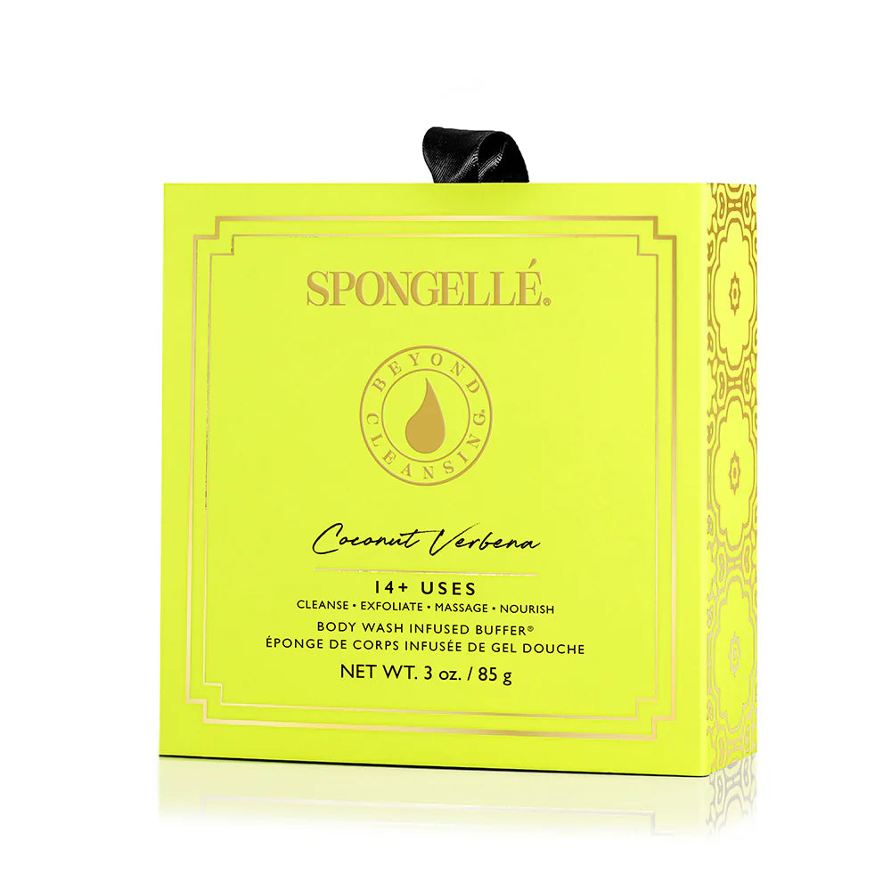 BEYOND CLEANSING COCONUT VERBENA by Spongelle packaging featuring vibrant yellow design and luxurious body wash infused buffer.