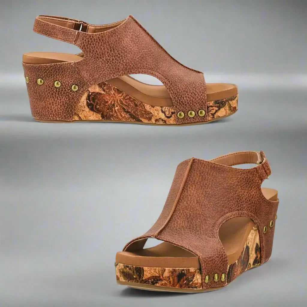 Corkys Carley Cognac Tumbled wedges with cork platform and EVA foam footbed for comfort and style.