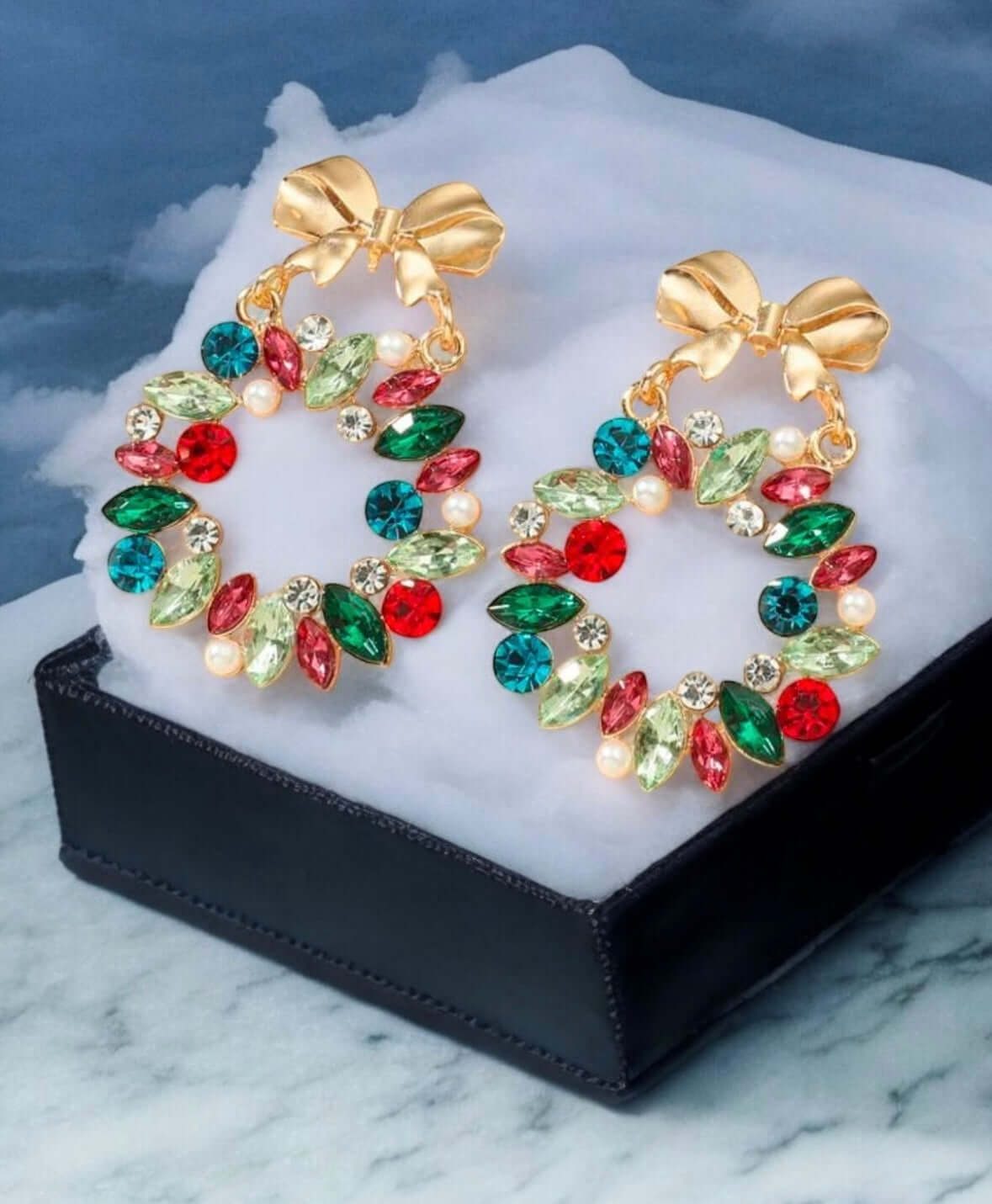 Holiday Wreath Earrings featuring festive rhinestones and colorful gems, perfect for adding sparkle to any outfit.