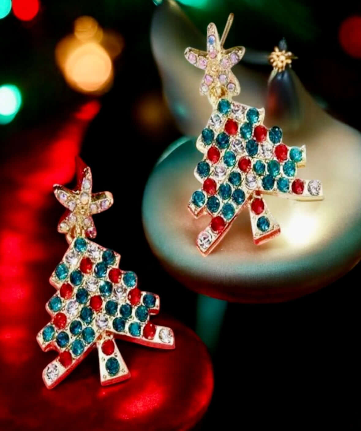 Festive Holiday Tree Earrings with colorful gem stars, perfect for adding cheer to holiday outfits, 1.14 x 1.1 inches.