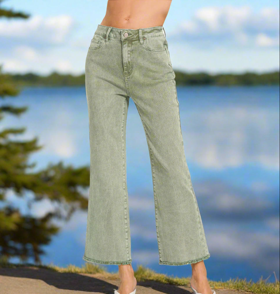 Find Your Way jeans by Zenana in sage color, featuring high waist and frayed hem, perfect for stylish comfort.