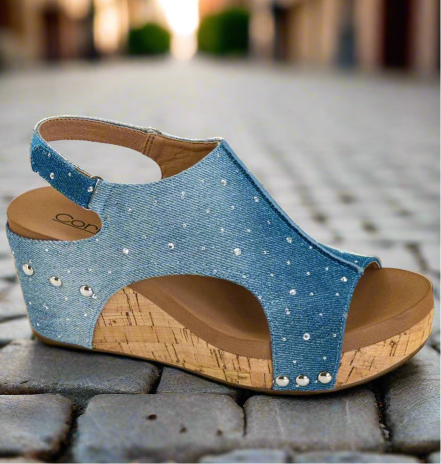 Corkys Denim Rhinestone sandals, limited edition, preorder. Stylish wedge design with denim and rhinestones for a chic look.