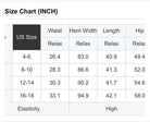 Size chart for FLY WITH ME MAXI SKIRT showing US sizes and measurements for waist, hem, length, and hip.