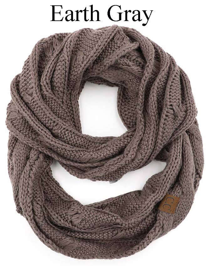 C.C Story Book Knitted Scarf in Earth Gray, cozy cable knit infinity style for maximum comfort and style.