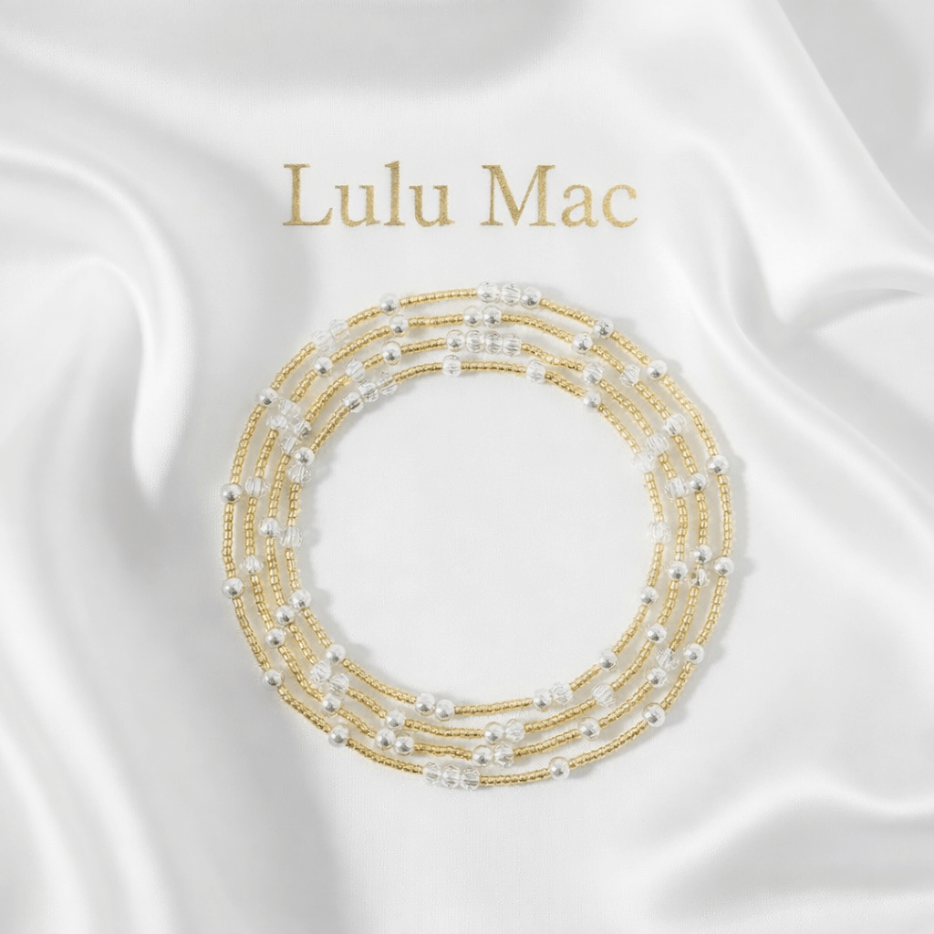 LULU MAC BRIGHT BALANCE 5 BRACELET SET displayed on satin fabric, showcasing gold-tone and pearl accents, ideal for styling.