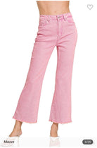 Mauve bootcut jeans by Zenana with frayed hem and high waist, model wearing size small.