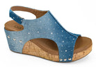 Corkys Denim Rhinestone Limited Edition sandals with cork wedge, available for preorder, shipping in 1-2 weeks.