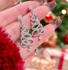 Oh Christmas Tree Earrings with colorful rhinestones and sparkling star, perfect for festive holiday outfits.