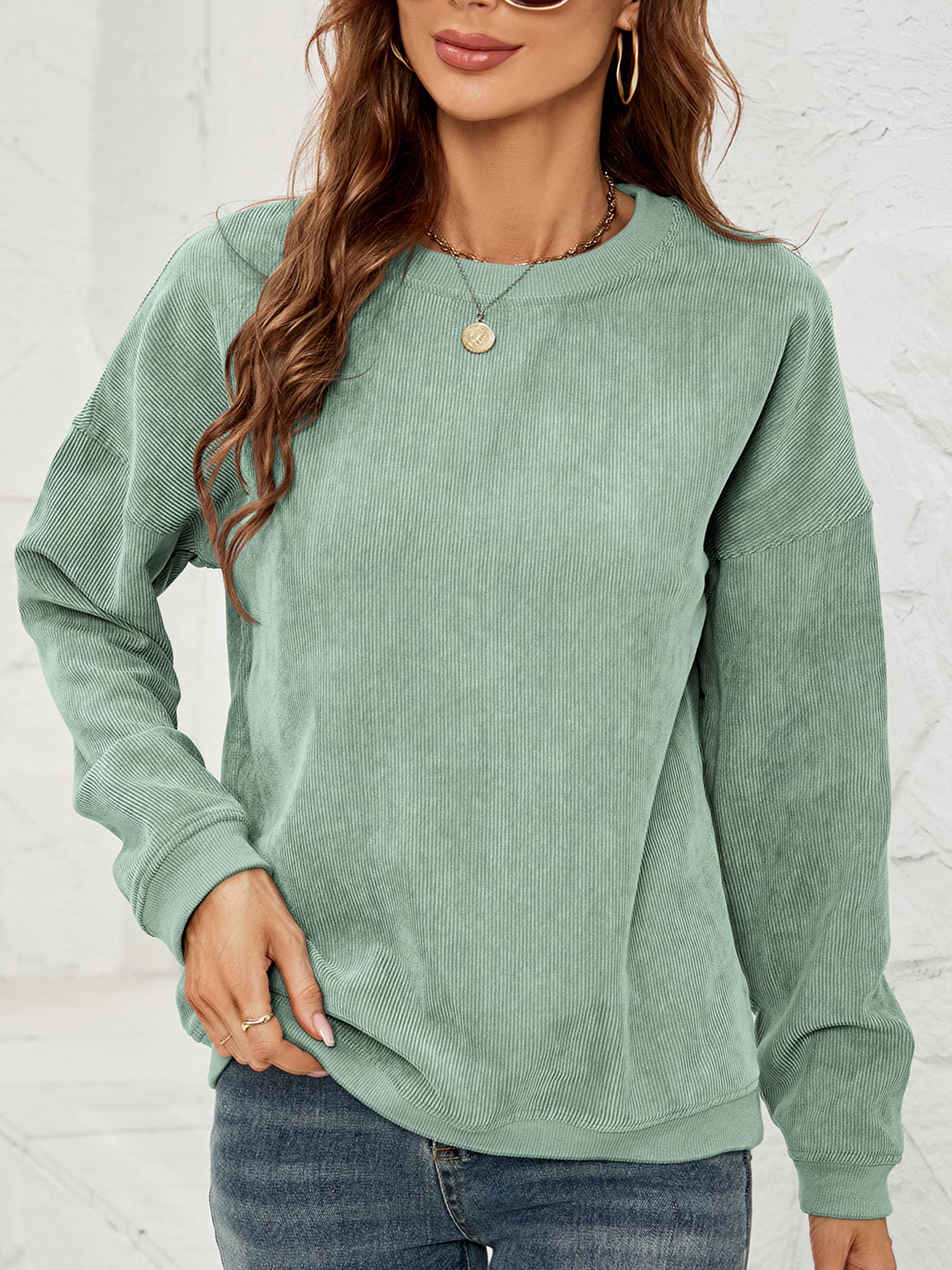 GO WITH THE FLOW in Mint by wholesalesir $18.00 It's the look you love—corduroy!—on a super-trendy mint green sweatshirt that'll have you saying "YES!" Featuring a velvety sheen, it's a midweight top, not too heavy. So you can size up for an 'oversized' l