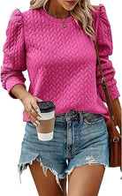 FEELING HAPPY Top - Raspberry Rose by Little Daisy Closet $18.00 Looking for a top that will leave you Feeling Happy all day long? Look no further than this Raspberry Rose textured cable knit top, with a quilted look. The puff sleeves add a touch of playf