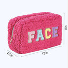 Pink plush chenille cosmetic bag with colorful 'FACE' letters and gold zipper, dimensions 12" W x 8" H x 4.5" D.