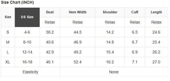 Size chart for women's Flora Belle Top, detailing US sizes S to XL with bust, hem width, shoulder, cuff, and length measurements.