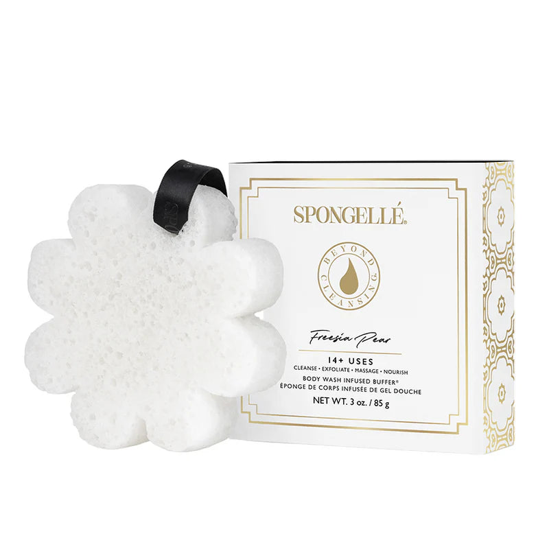 BEYOND CLEANSING FREESIA PEAR by Spongelle body wash infused buffer in a gift box.