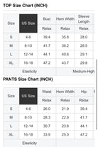Size chart for WINTER WEEKEND SET including measurements for tops and pants in inches.