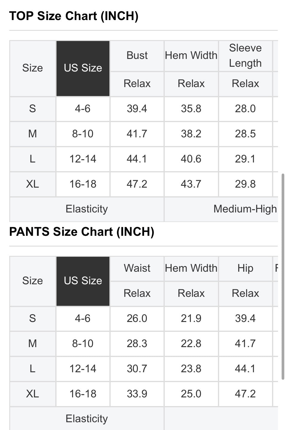 Size chart for WINTER WEEKEND SET including measurements for tops and pants in inches.