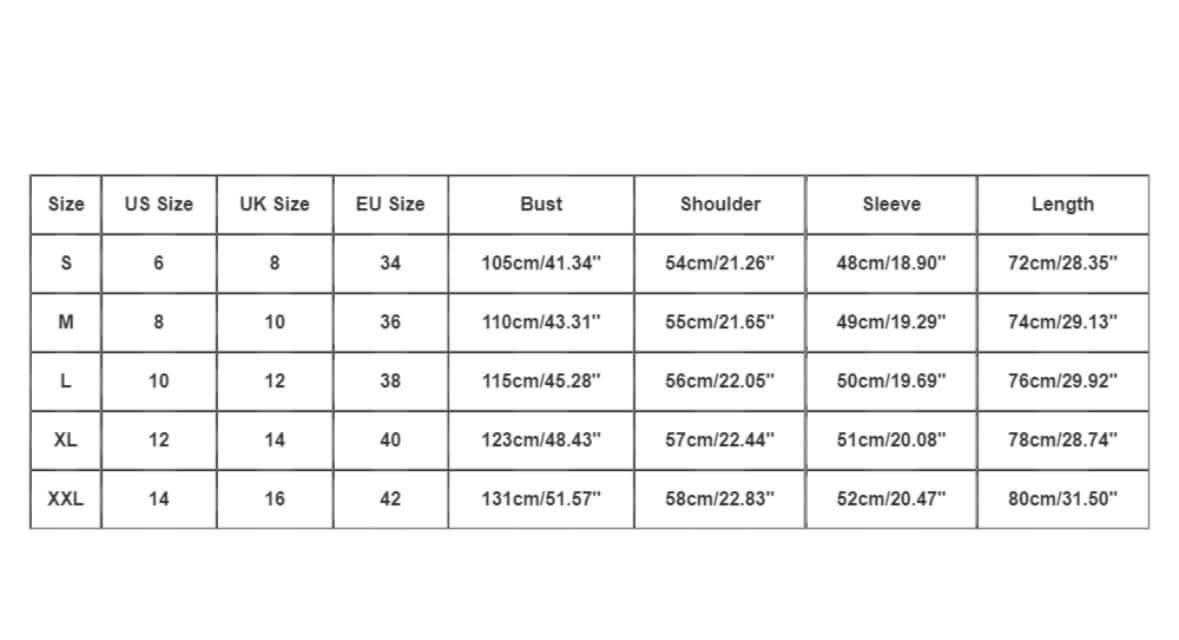 Size chart for women's clothing showing bust, shoulder, sleeve, and length measurements for sizes S to XXL.