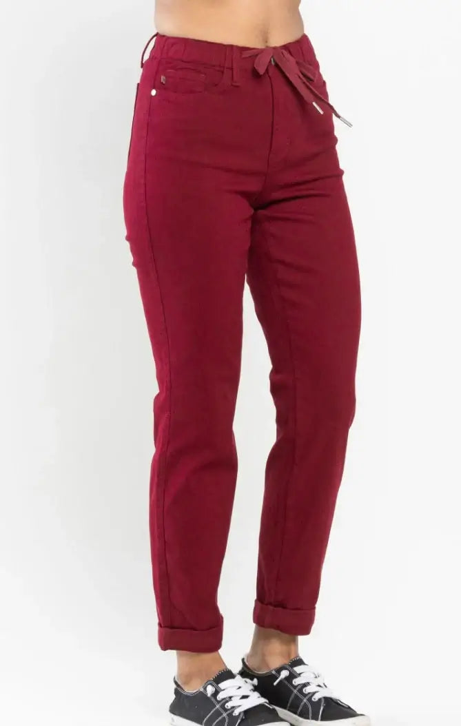 Crimson Judy Blue Bridget Joggers with drawstring waistband and high-rise fit for modern casual style.