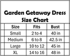 Garden Getaway Dress size chart displaying sizes small to XL and corresponding bust measurements.