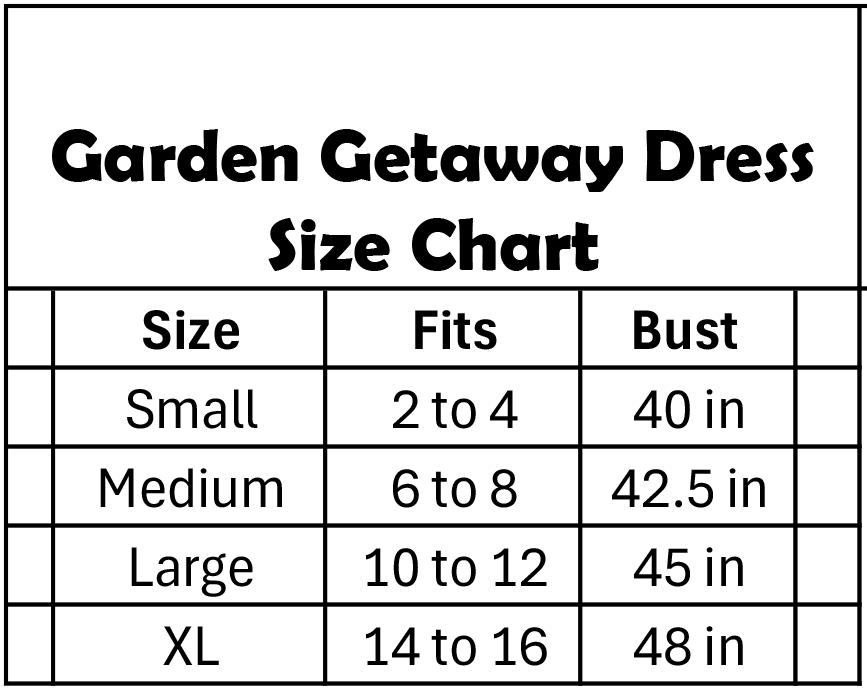 Garden Getaway Dress size chart displaying sizes small to XL and corresponding bust measurements.