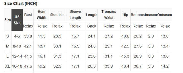 Size chart for SLEIGH GIRL SLEIGH PJ Set by Vivian-Lu, showing measurements for bust, hem, shoulder, sleeve, waist, hip, and inseam.