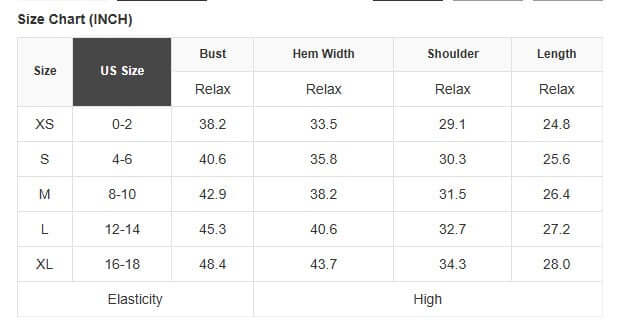 Size chart for women's tops with US sizes and measurements in inches for bust, hem width, shoulder, and length.