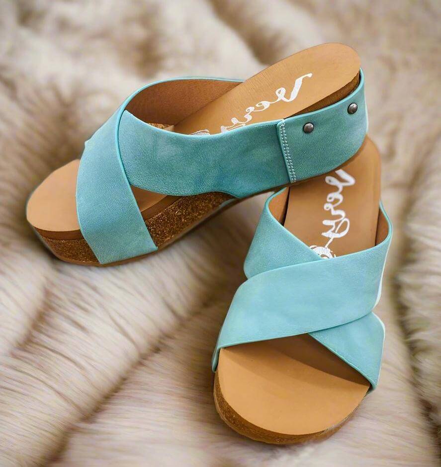 Teal platform wedge sandals by Very G with distressed straps and cushioned footbed for comfort.