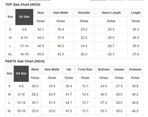 Size chart for SPOT ON COZY SET including measurements for tops and pants in inches.