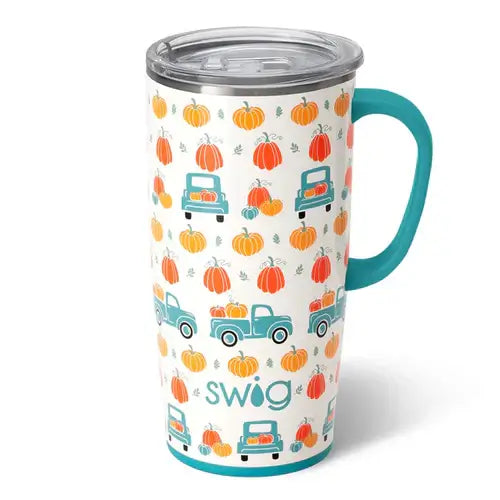 Pumpkin Patch 22oz insulated tumbler with vintage truck and pumpkins design by Swig.