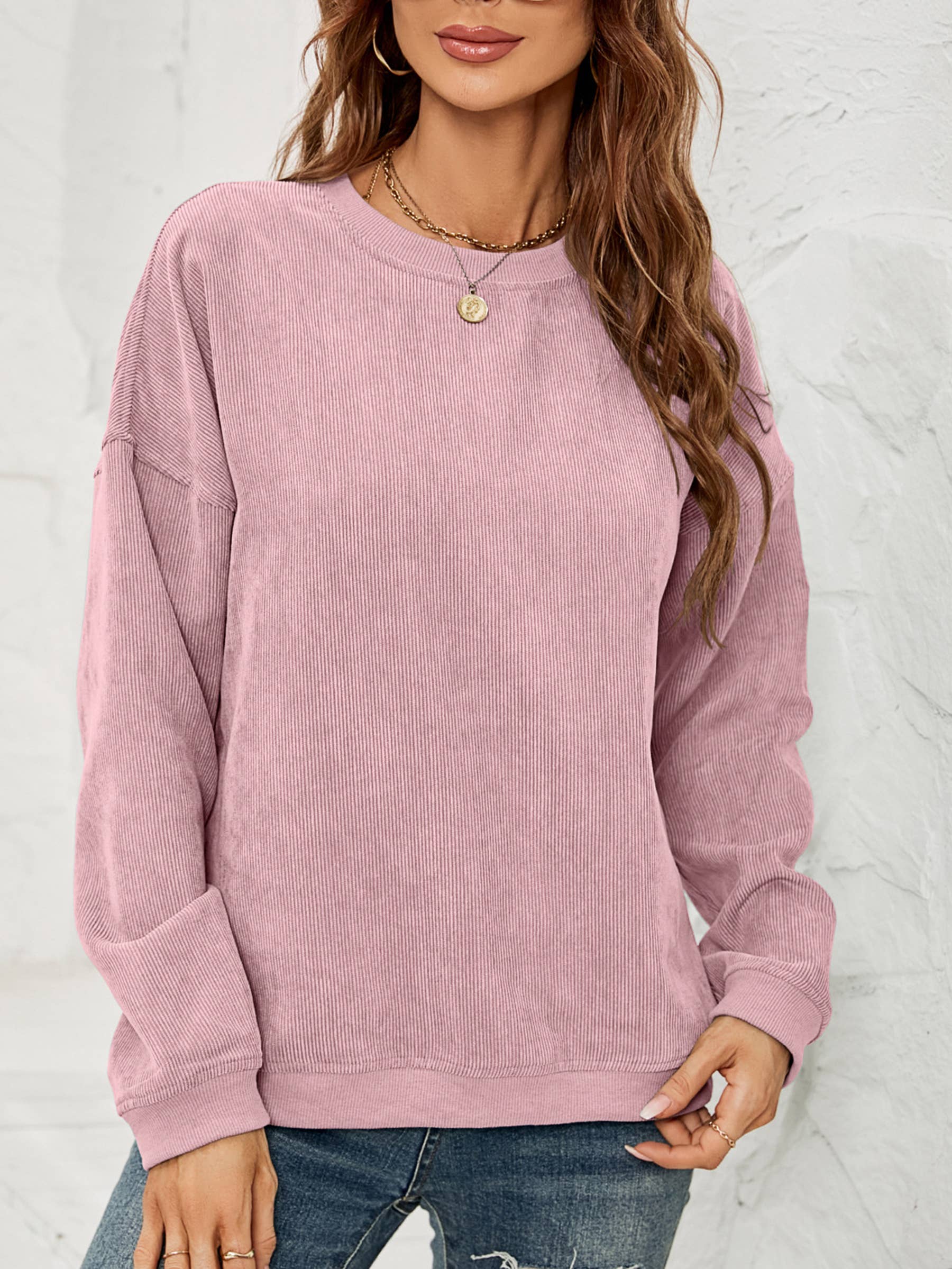 GO WITH THE FLOW in Pink by wholesalesir $18.00 It's the look you love—corduroy!—on a super-trendy sweatshirt in pastel pink, that'll have you saying "YES!" Featuring a velvety sheen, it's a midweight top, not too heavy. So you can size up for an 'oversiz