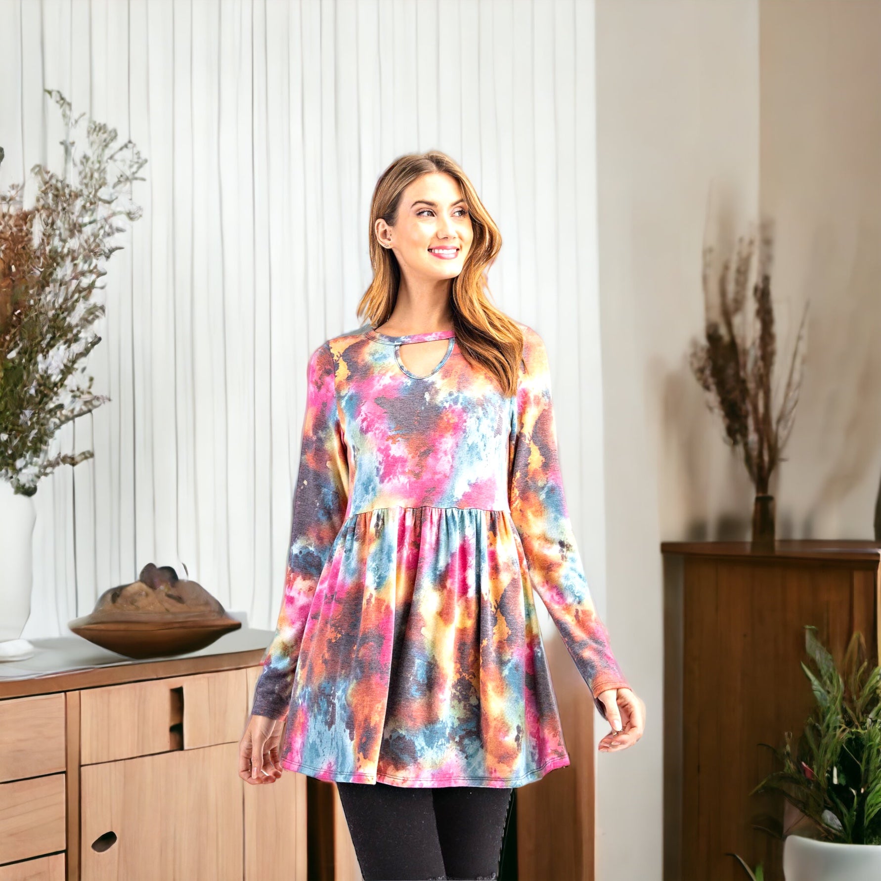 DO OR DYE TOP- TEAL by RAE MODE $6.00 The DO OR DYE TOP IN TEAL, PINK AND GOLD BY RAE MODE is perfect for all of your Fall activities. The tie dye French terry fabric has a round neckline, front keyhole, and long sleeve, making it both flattering and comf