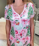 Woman wearing Cotton Candy Christmas Trees Nightgown by Shirley & Stone in pink with holiday prints, TikTok viral brand.